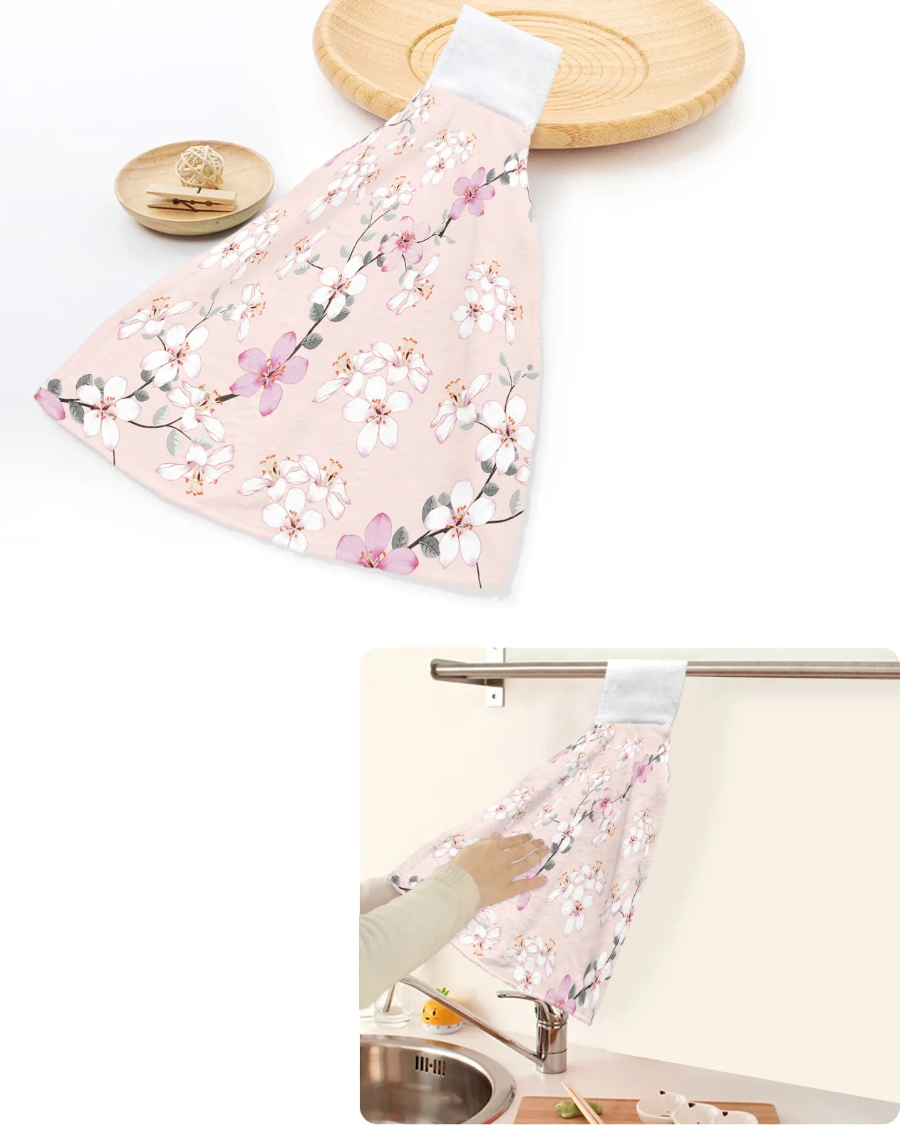 

Pink Flower Peach Blossom In Spring Hand Towels Home Kitchen Bathroom Hanging Dishcloths Loops Soft Absorbent Custom Wipe Towel