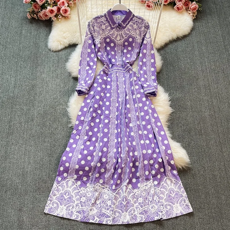 Женское кружевное платье в горошек с длинным рукавом высокой талией отложным