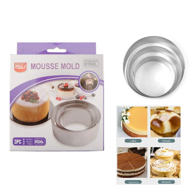 

3pcs Mousse Mold Set 8-12inch Stainless Steel Mousse Ring Round Cake Mold Biscuit Mould Bread Cutter Baking Tools Bakeware