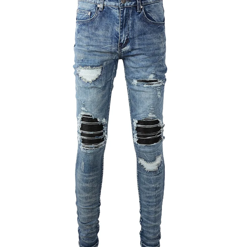 

New Mens #A612 Distressed PU leather Ribs Patch Work Ripped Patches Stretch Spliced Slim Washed Blue Washed Denim Jeans