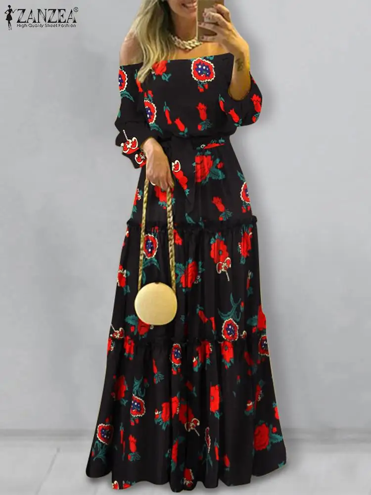 

2022 Chic Party Ruffle Vestido Casual Elegant Maxi Dresses ZANZEA Autumn Off Shoulder Long Robe Women Holiday Floral Print Dress