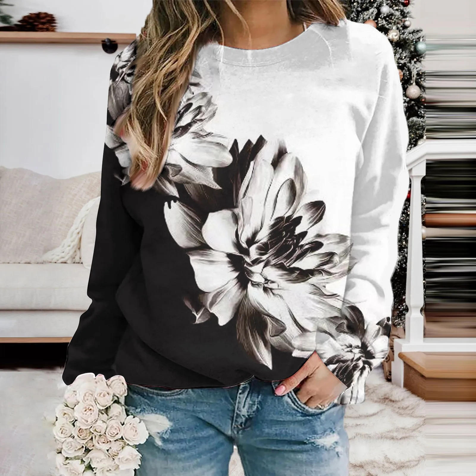 

Hoodie For Autumn Women Casual Long Sleeve Crew Neck Print Lightweight Pullover Hoodless Autumn Spring Jumper Ethnic