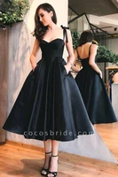 simple spaghetti strap sleeveless prom dress vintage tea length draped a line evening dress satin little black dress
