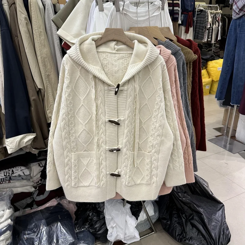 Осенне-зимний капюшон с роговой пряжкой ромбовидная жаккардовая свободная