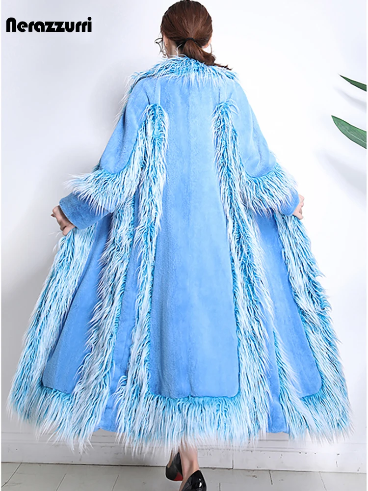 

Nerazzurri Brand Luxury Runway Fluffy Warm Thick Stylish Patchwork faux fur coat women Winter High Quality Korean fashion 2021