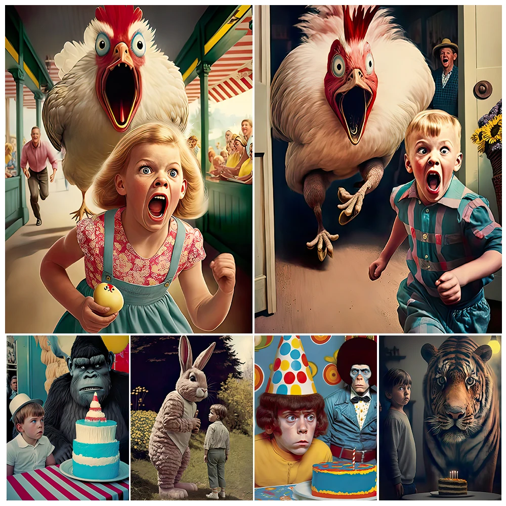 

Scary Rooster And Easter Bunny Vintage Wall Art Canvas Painting Surrealism Funny Dark Humor Strange Art Poster Print Home Decor