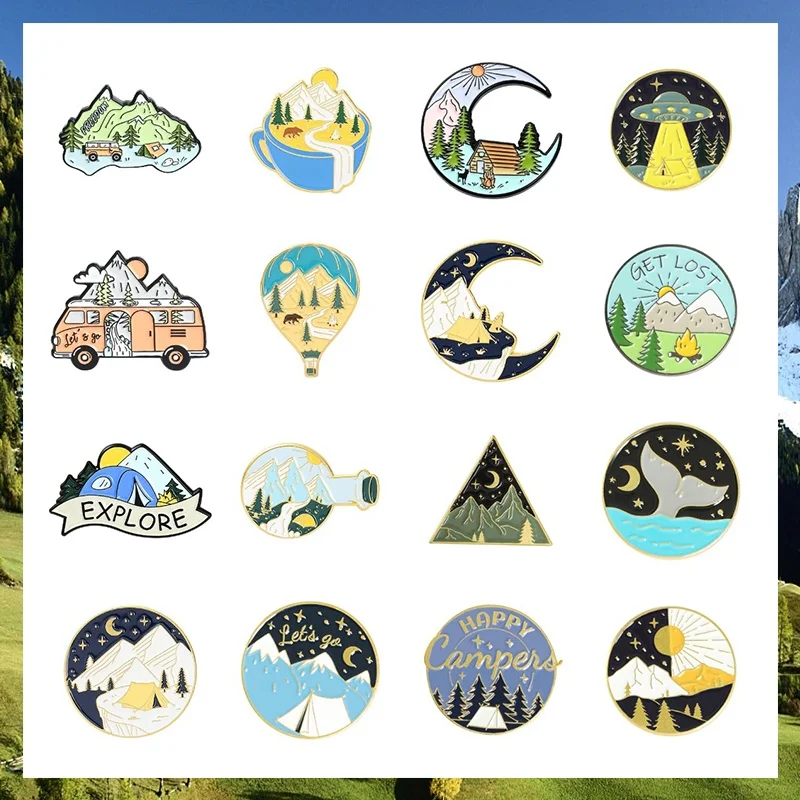 

Wanderlust Enamel Pin Forest Lake Outdoor Camping Brooches Shirt Backpack Lapel Badge Jewelry Gift for Adventure Travel Lovers