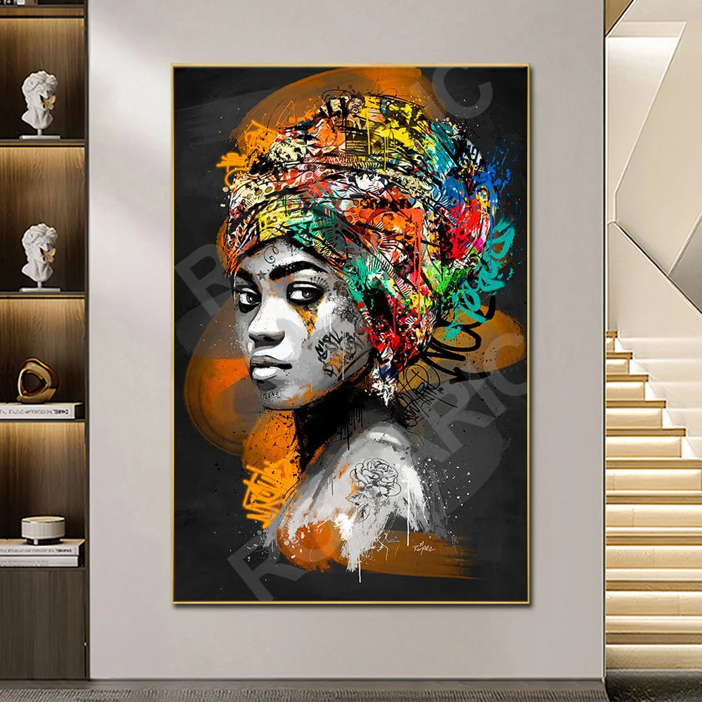 

African Woman Wall Art Black Girl Canvas Painting Abstract Poster and Print Graffiti Picture for Bedroom Cuadors Home Decoration