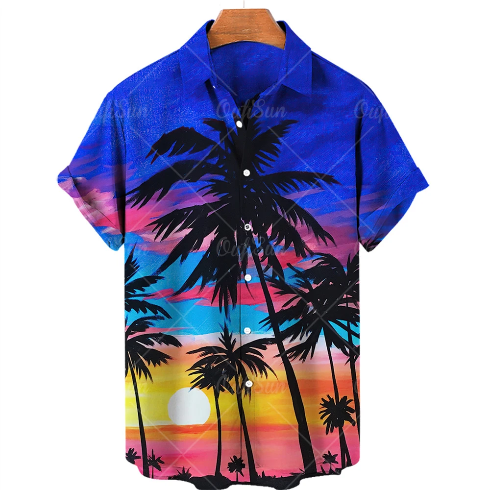 

Гавайская рубашка, мужская летняя пляжная Повседневная рубашка с принтом кокосового дерева и короткими рукавами, топ, праздничная рубашка, ...