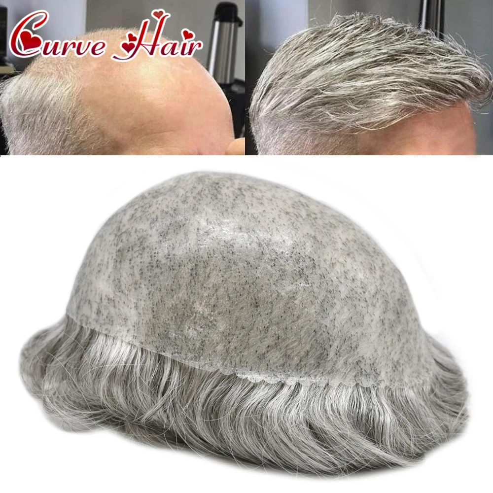 Full Poly PU Mens Toupee Human Hair Prosthesis 0.1-0.12mm Durable Thin Skin Hairpiece Replacement System Grey Man Wig Hair Units