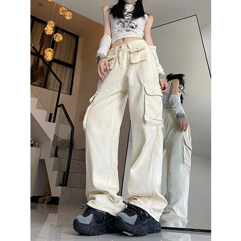 Белые джинсы-карго для женщин свободные прямые брюки с множеством карманов в