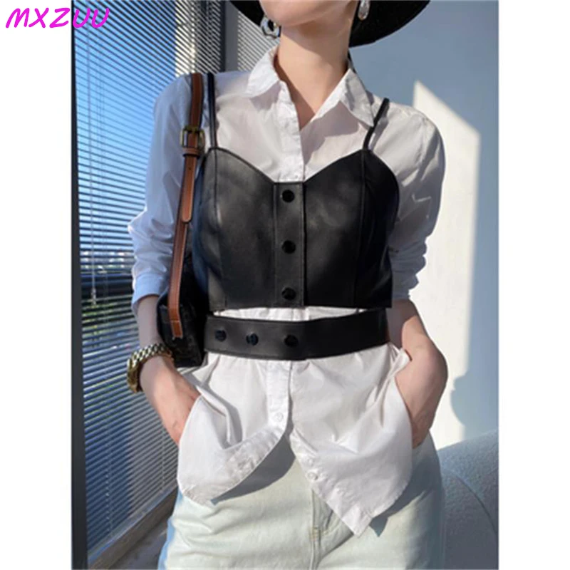 

Stylish Retro Women Genuine Leather Small Vest Suspenders Hot Girl Loose Sheepskin Slim Tube Top Stacking Trendy Short Yelekler