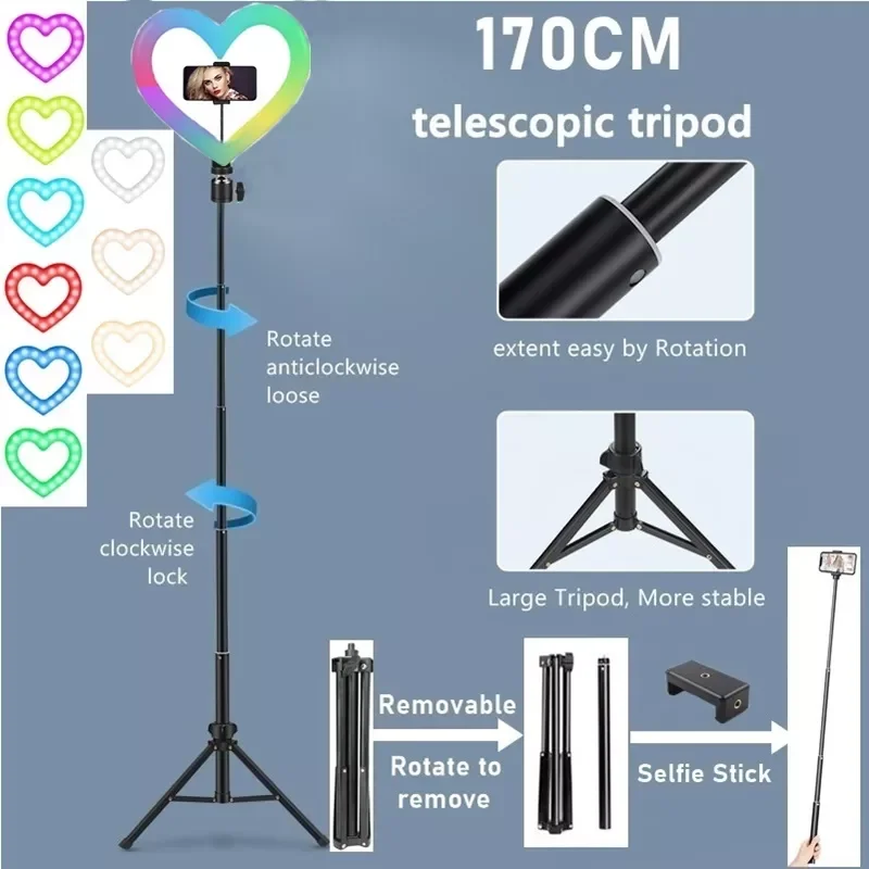 

2023 10 Inch Dimmable RGB LED Selfie Ring Light Heart Photo Ring Lamp Photo Lighting With Tripod For Phone Makeup Video Live Vol