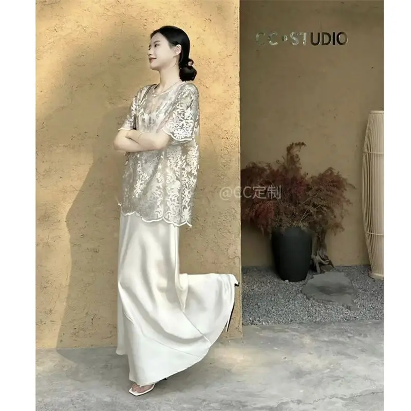 Элегантный и роскошный летний топ Miiiix с кружевным жилетом коротким рукавом 2024