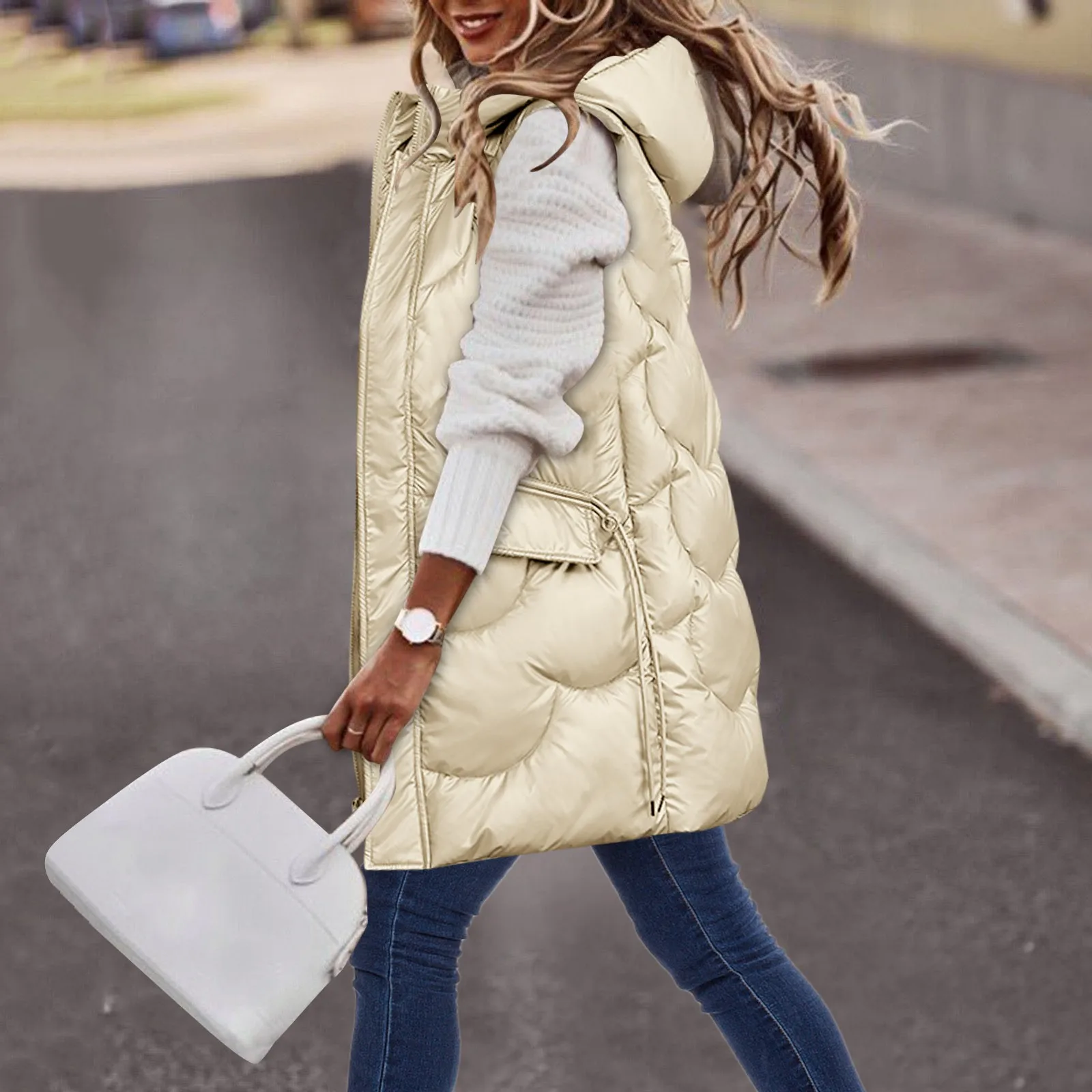 

Womens Long Version Vest Quilted Faux Down Filled Hooded Vest Suitable For Autumn And Knit Vest Women Women's Fashion Vests