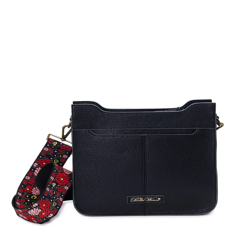 Josie Women's Medium Crossbody Handbag with embroidered strap, Black