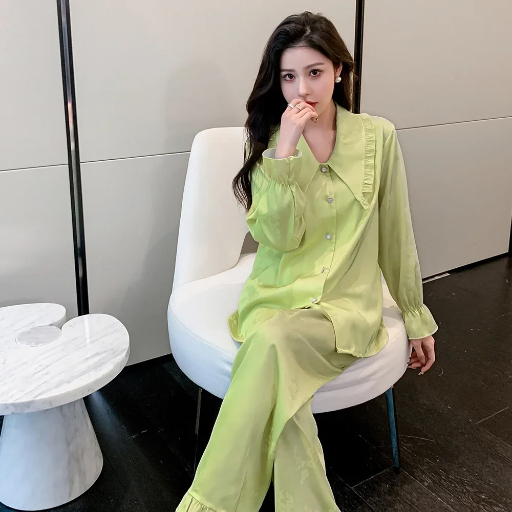 Новые весенние шелковые пижамы женские кукольные воротники жаккардовые красные