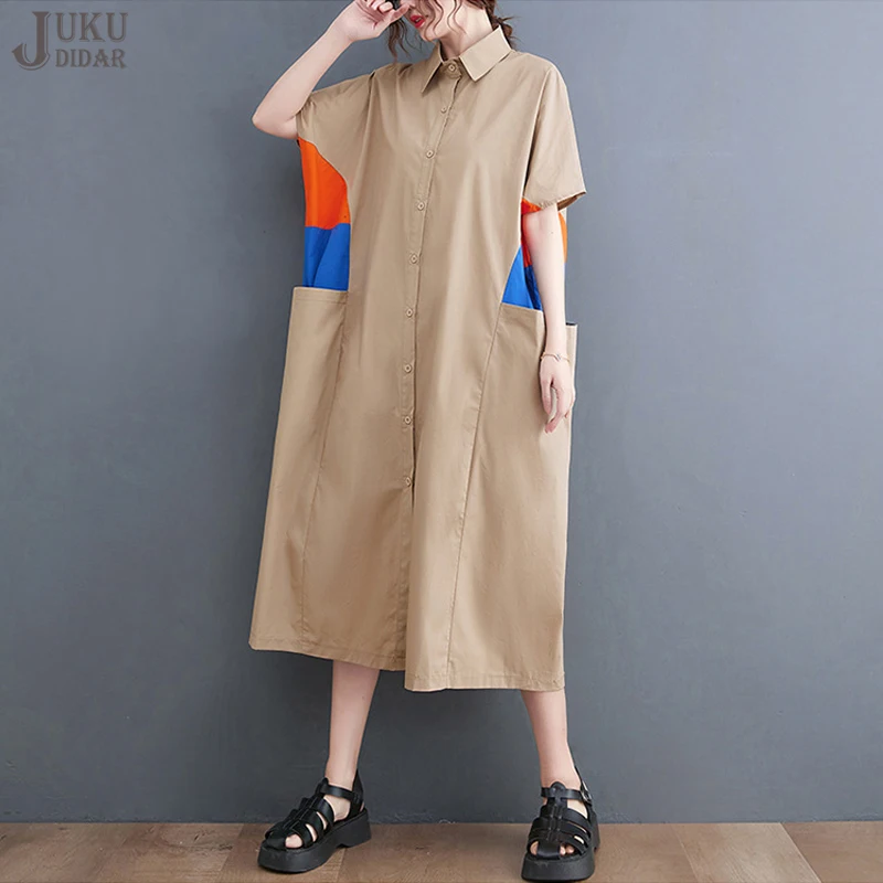 

Japanese Style Woman Fashion Clothes Patchwork Khaki Long Shirt Dress Buttons Straight Plus Size Streetwear Loose Robe JJXD003