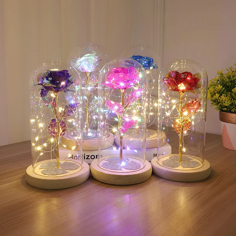 

Mothers Day Gift Galaxy Rose In Glass Dome With LED Light USB Eternal Artificial Flowers Wedding Party Gift for Women Girlfriend