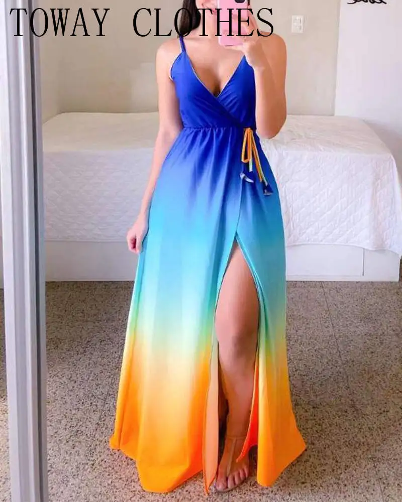 Женское платье с разрезом, длинное облегающее платье с эффектом омбре на лето 2022