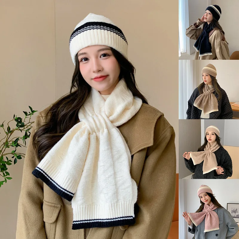

2Pcs/Set Women's Warm Winter Knitted Hat Scarf Set Two-piece Suit Wool Knitting Bonnet Beanie Caps Outdoor Riding Sets Muffler