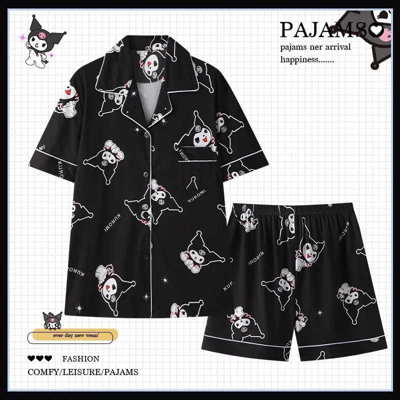 Sanrio Kuromi шелковые пижамы женские летние хлопковые с короткими рукавами