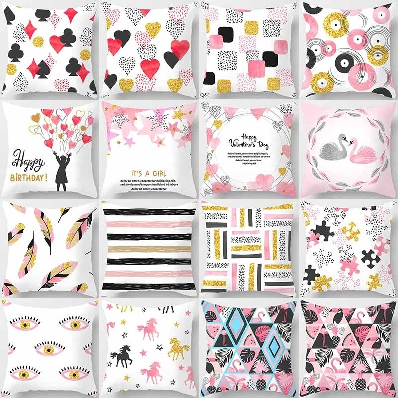 

Girly Pink Printed Cushion Cover Sofa Office Decor Rainbow Pillow Cover Home Decor