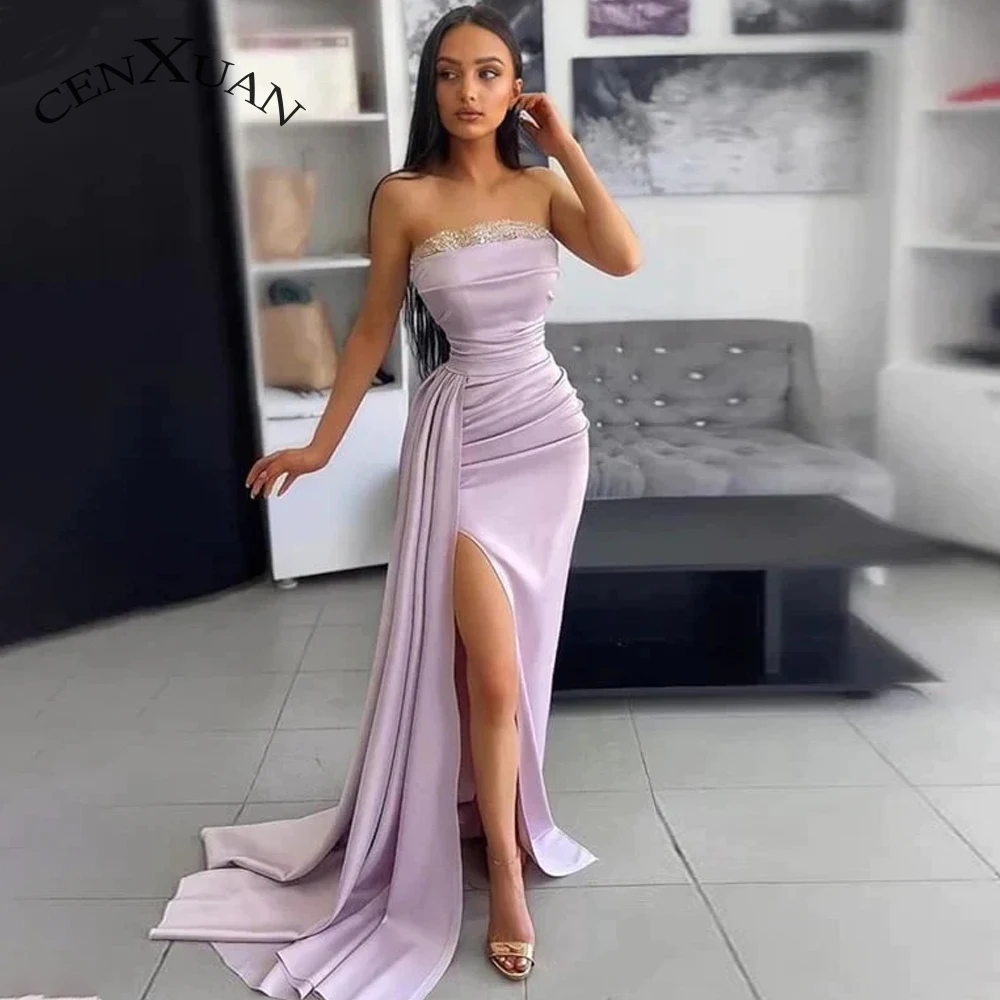 

CENXUAN Intellectuality Prom Evening Dresses Strapless Backless Slit Pleat Asymmetrical 2023 Vestido De Noche Custom Size