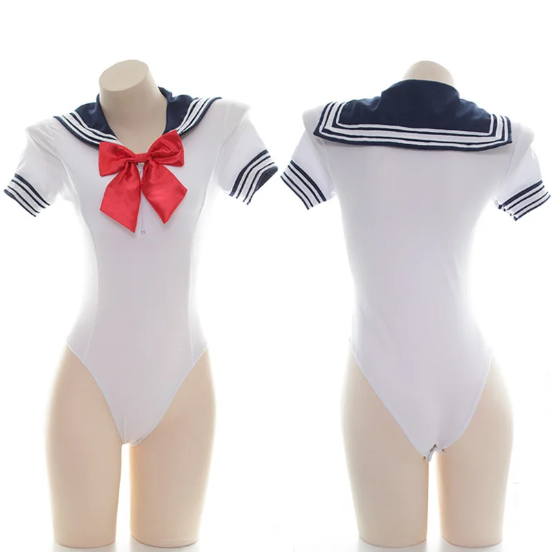 

New Sexy Costumes School Girls Cosplay Exotic Apparel For Women Short Sleeves Bodysuit Adorable Swimsuit With Rosette