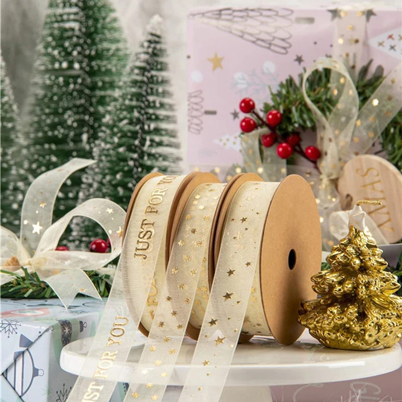 

10Yards/Roll 10-25mm Organza Ribbon Gold Foil Printed for Gift Wrapping Christmas Party Wedding Decoration Handmade DIY Craft