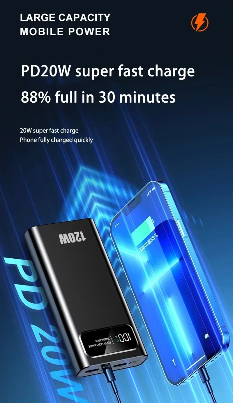 200000 mAH 120 Вт Power Bank Супер быстрая зарядка аккумулятора Высокая емкость цифрового