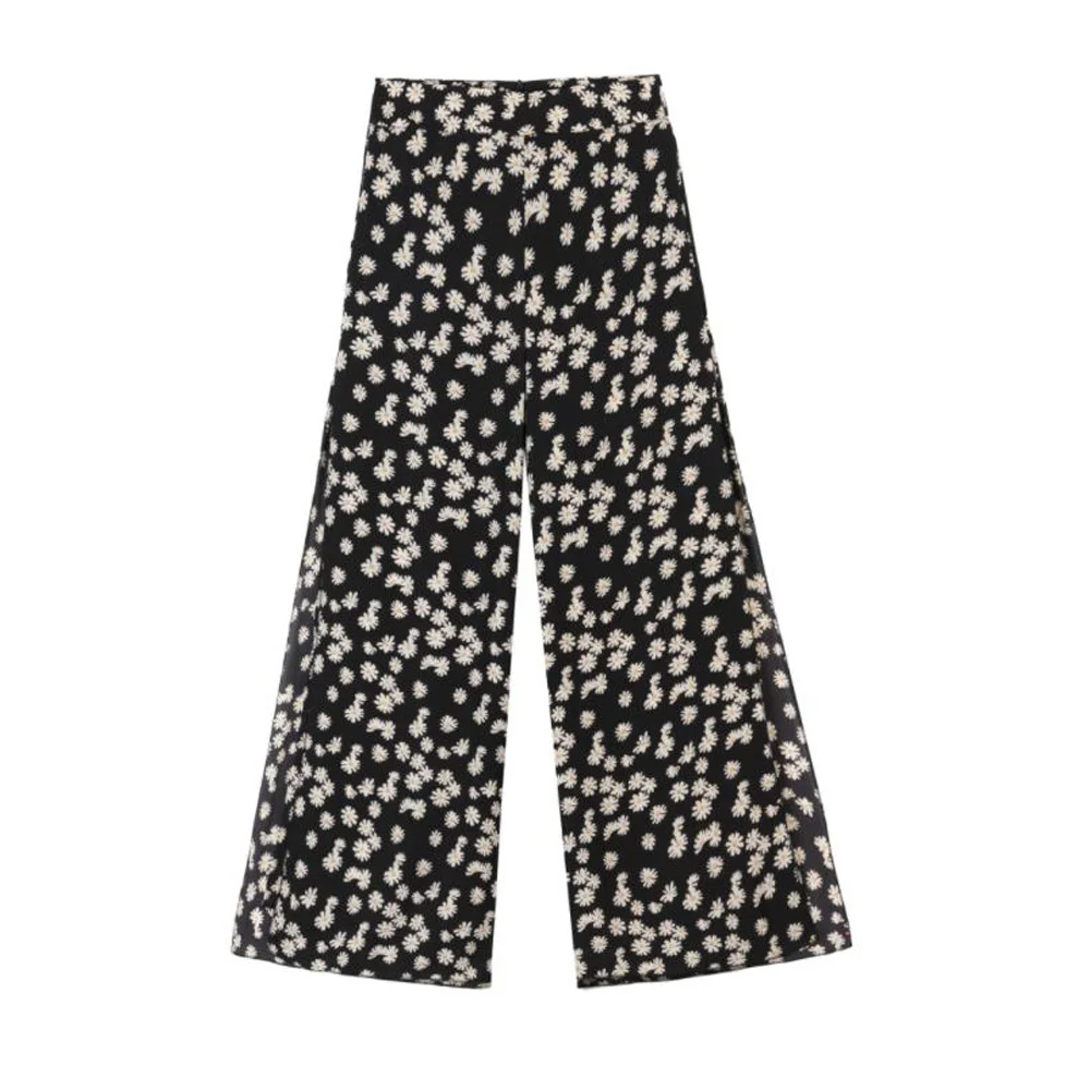 

Korean Fashion Floral Trousers Women Pants Loose High Waist Boho Chiffon Trousers Womens Black Wide Leg Pants-Skirt