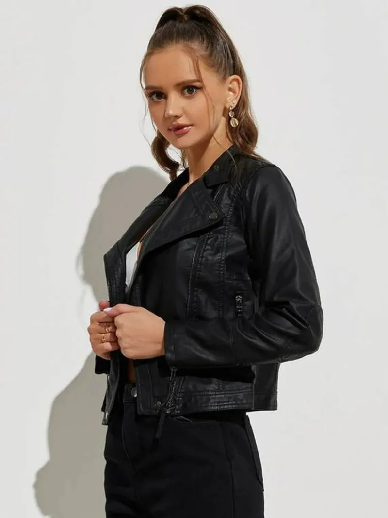 Women Biker Jacket Leather Cropped Coat Slim Fit Black Leather Jacket Genuine Leather Outwear