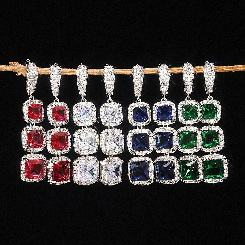 

New Luxury Blue/White/Red/Green Square CZ Dangle Earrings for Women Bling Bling Engagement Wedding Earrings Fashion Jewelry