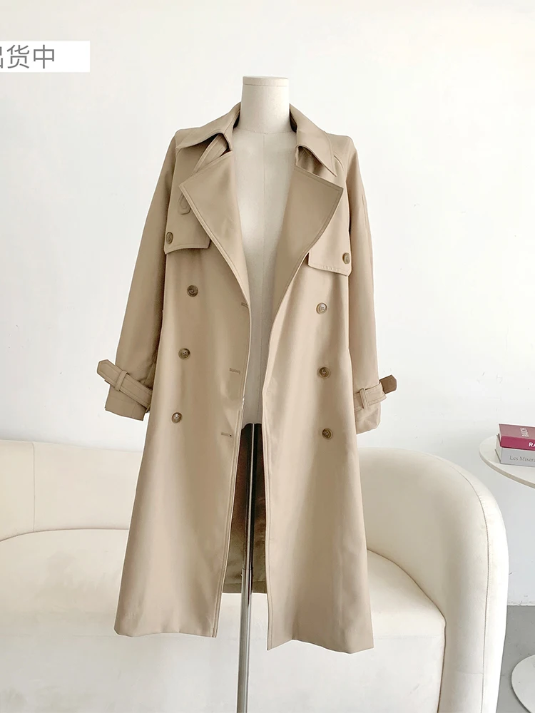 

Autumn Women Simple Daily Basic Mid-Long Trench Coat 2022 Lapel Tie Up Long Sleeve Female Windbreaker Double Breasted Design