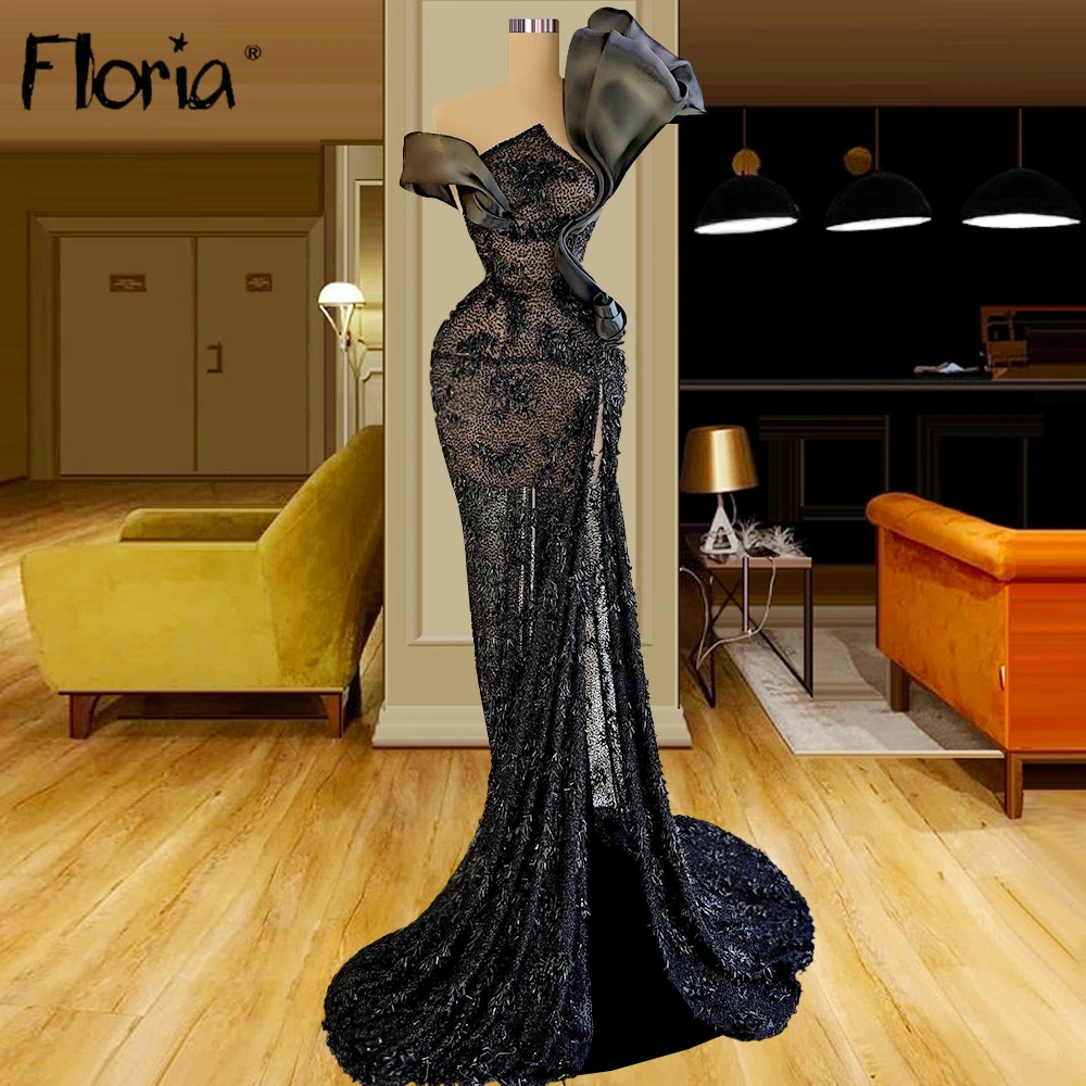 

Off Shoulder Black Evening Dress Beaded Lace Appliques Split Side Prom Party Dress 2022 Backless Vestidos De Plus Size Customize