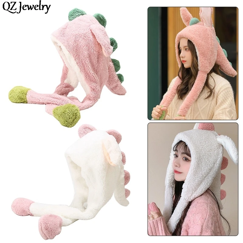 

Dinosaur Hat Funny Cartoon Dinosaur-shaped Plush Hat with Moving Ear Winter Earflap Airbag Cap Adults Kids Cosplay Gift Headwear