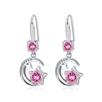 white copper earrings female korean version sweet pink diamond zircon double star with moon earrings temperament short earrings