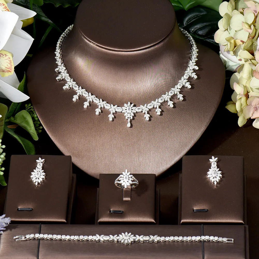 Fashion Leaf Design White CZ Stone Necklace Earring Jewelry Sets For Women Parure Bijoux Femme Mariage Engagement Set  N-527