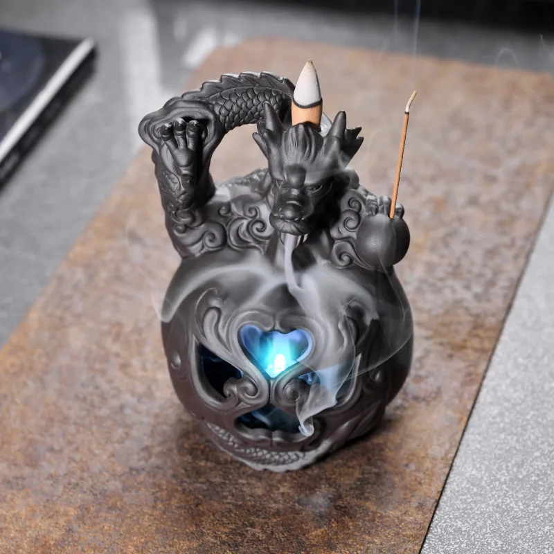 

Purple Sand Backflow Incense Burner with LED Seven Color Flashing Light for Viewing Incense Burner and Fragrance Decoration