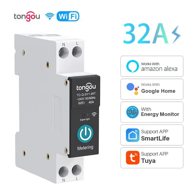 

TUYA WIFI Smart Circuit Breaker With Meter 1P 63A Din Rail For Smart Home Wireless Remote Control Switch By APP