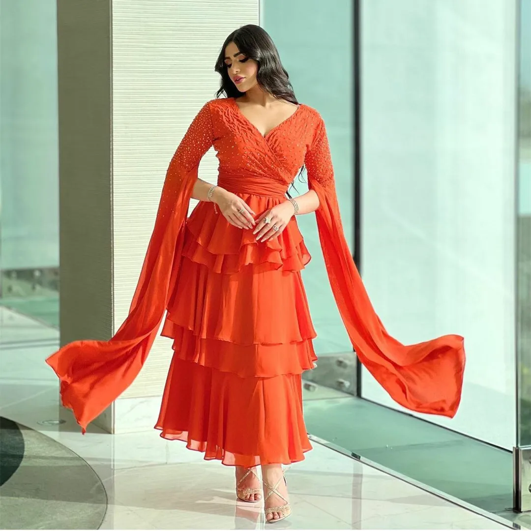 

Retro Short V-Neck Beaded Orange Evening Dresses With Sleeve A-Line Chiffon Pleat Tea Length Prom Dress فساتين السهرة for Women