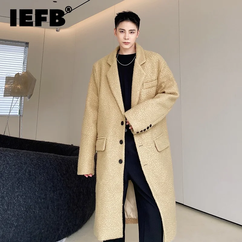 

IEFB Winter Korean Fashion Thickened Woolen Collar Long Men's Overcoat Solid Color Trend Simple Handsome Trench Coat 9A6460