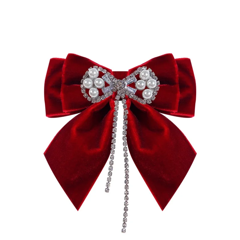 

Retro Fabric Velvet Bow Tie Brooches for Women Tassel Crystal Pearl Bowknot Necktie Shirt Collar Pins Luxulry Wedding Brooch