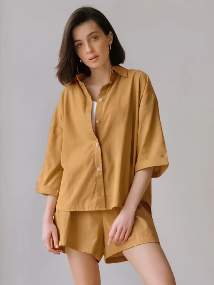 

Linad Casual Women's Home Clothes 2 Piece Sets Three Quarter Sleeve Sleepwear Female Casual Suits With Shorts Autumn 2022 Solid