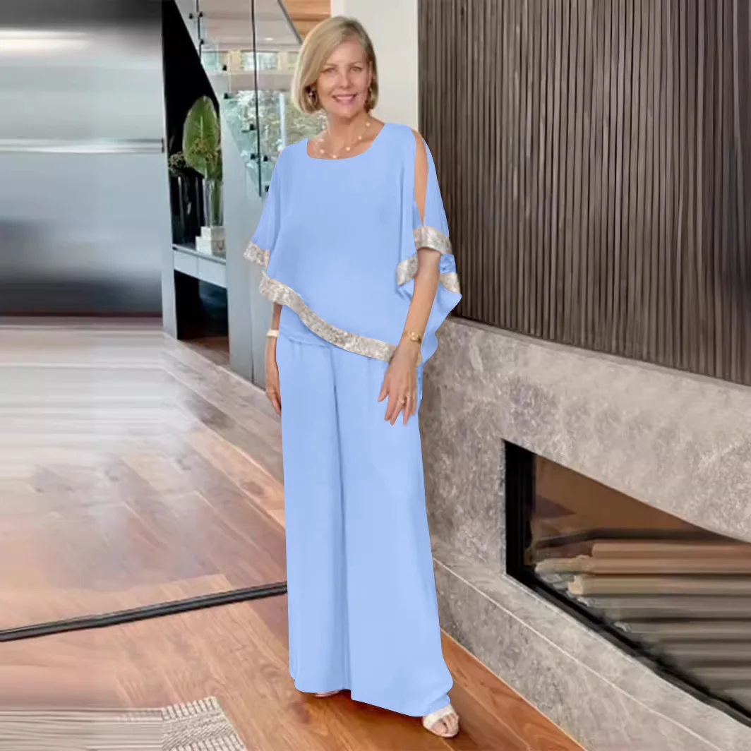 Женский брючный костюм с рукавом летучая мышь и блестками