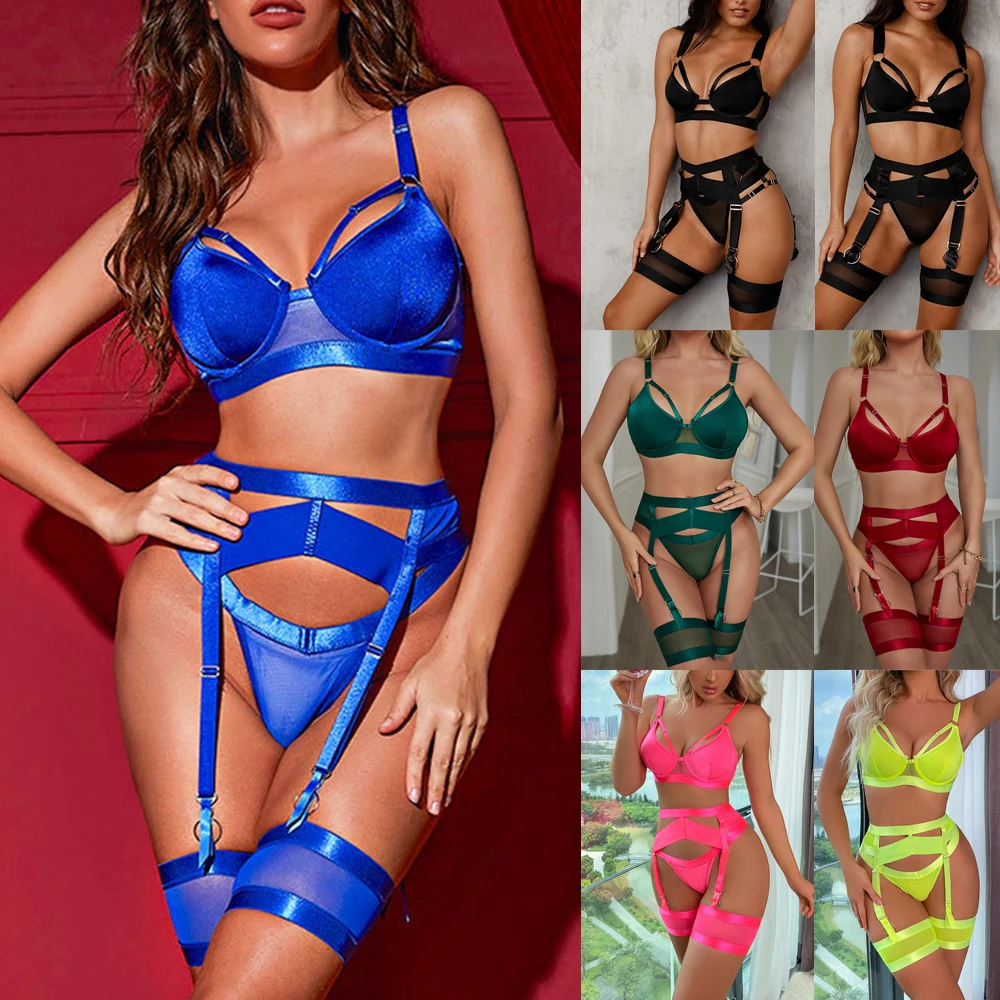 

3pcs/set Sexy Erotic Bodysuit Babydoll Nightwear Lingerie Thong Suspenders Underwear Set Bra See Through Bandage Sleepwear Hot