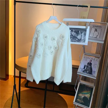 2022 New Autumn Winter Milky White Fairy Sweaters for Women Lazy Wind Beaded Flower Embroidery Long Sleeve Pullovers Knit Top