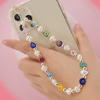 telephone accessories chains evil eye keychain phone charm chain jewelry pearl for woman cell phone rope beads phone case strap