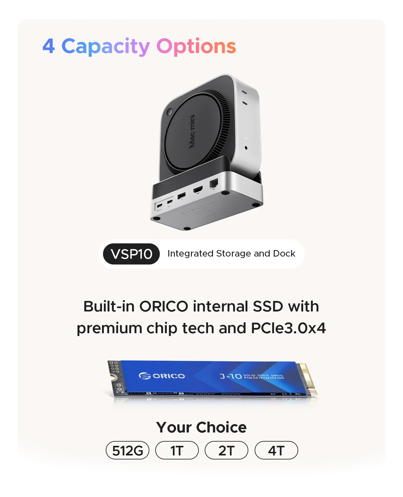Фото ORICO Mini Dock SSD Enclosure Док-станция с подставкой USB3.2 Gen2 Type C Dock Встроенная подставка SSD 512G 1T 2T 4T Mac mini M4 №5